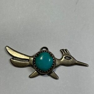 Sterling Silver Native American Roadrunner Pendant W/ Turquoise. 1 1/8”